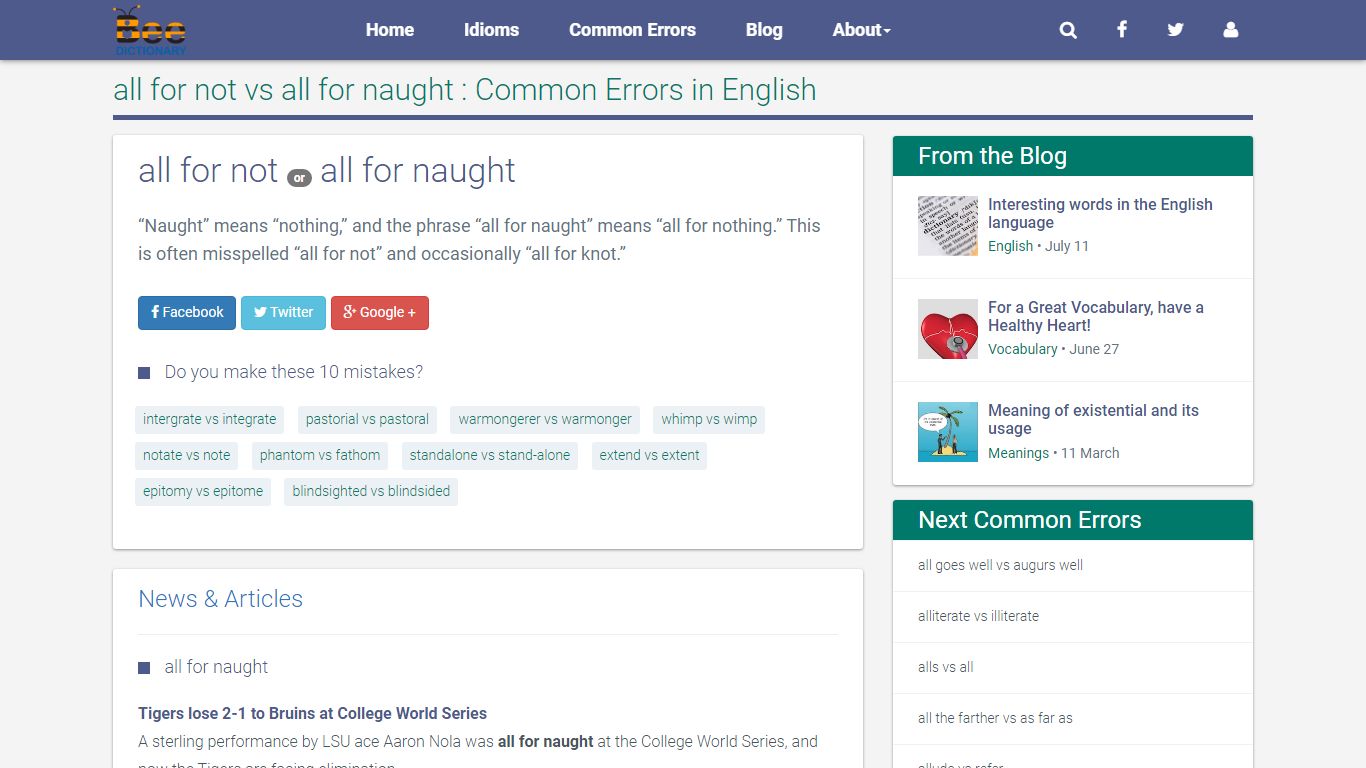 all for not vs all for naught : Common Errors in English - BeeDictionary